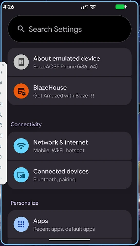 BlazeAOSP Android ayarlar ekranı